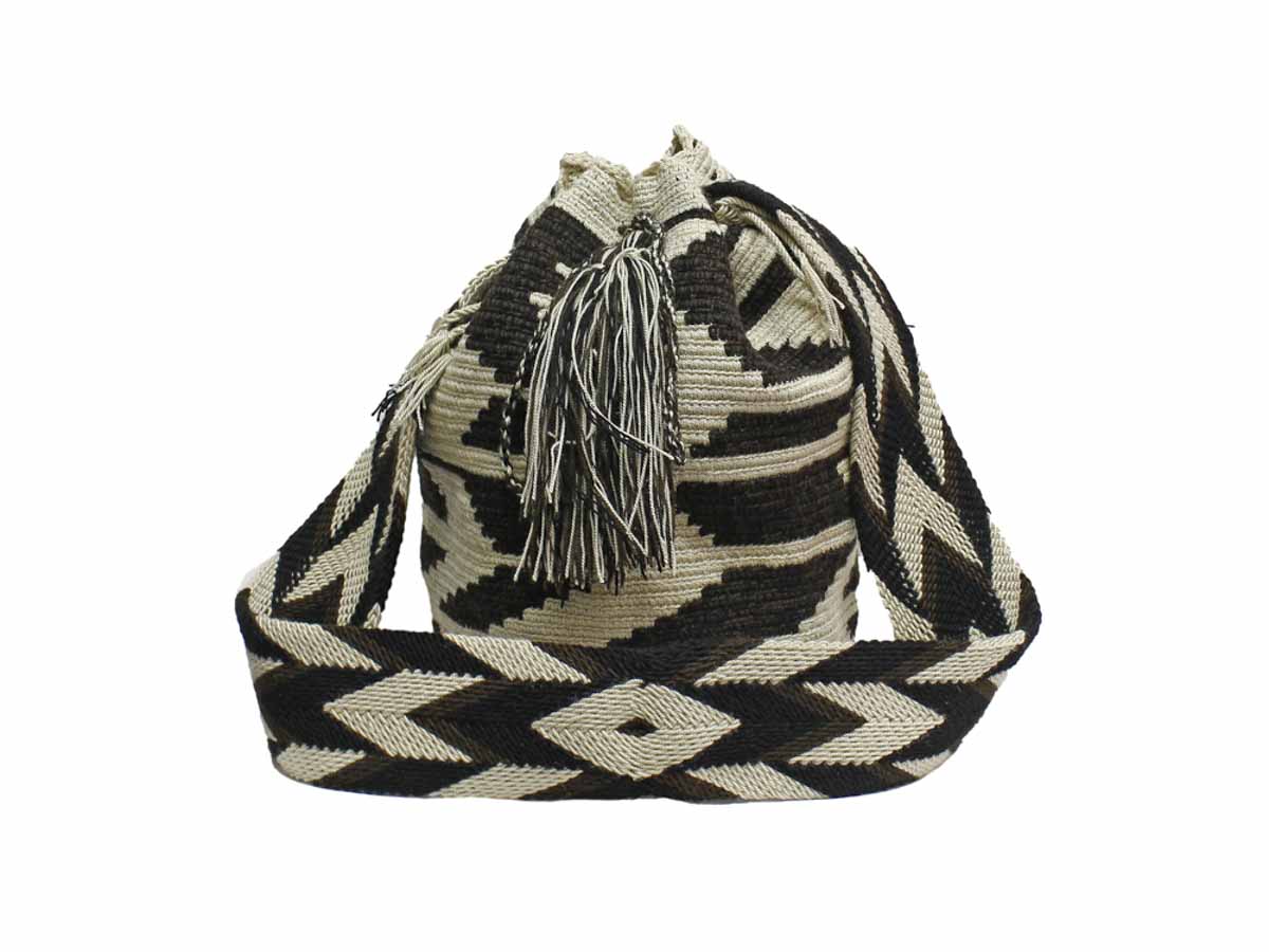 Colombian Wayuu Mochila Bags - Mochila Wayuu Bag in beige and black