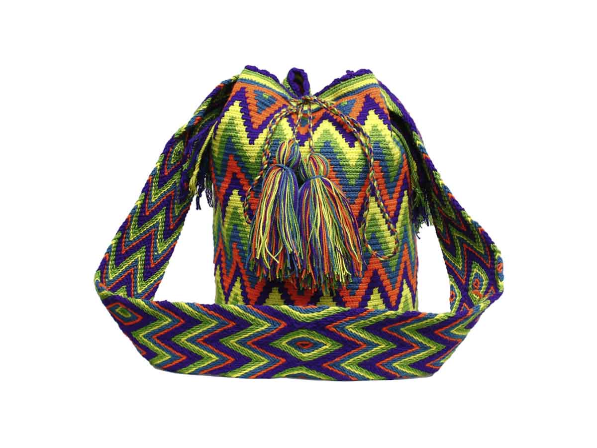 Colombian Wayuu Mochila Bags - Guajira Wayuu Mochila bag in green, blue, orange and purple