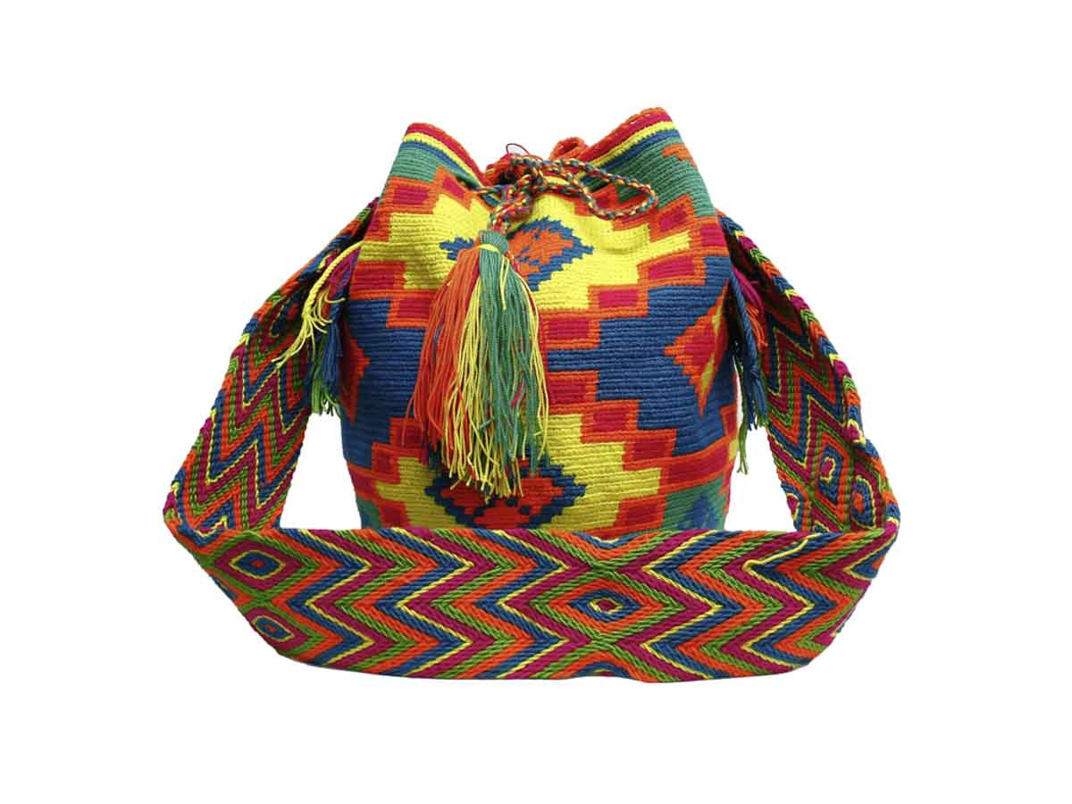 Mochilas Wayuu de La Guajira colombiana - Mochila Wayuu en amarillo, naranja, azul y verde