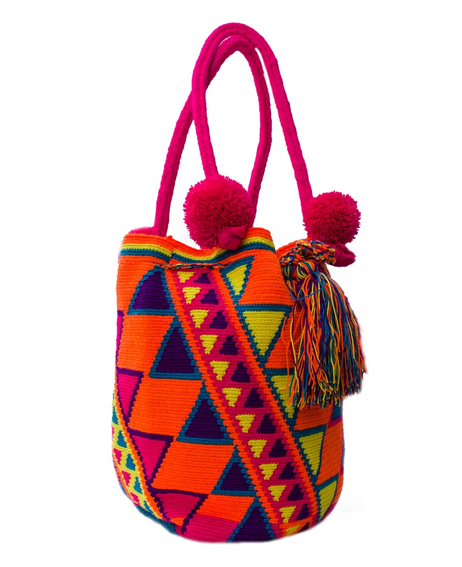 Colombian Wayuu Mochila Bags Online sale - Orange Wayuu Mochila Bag with coton balls