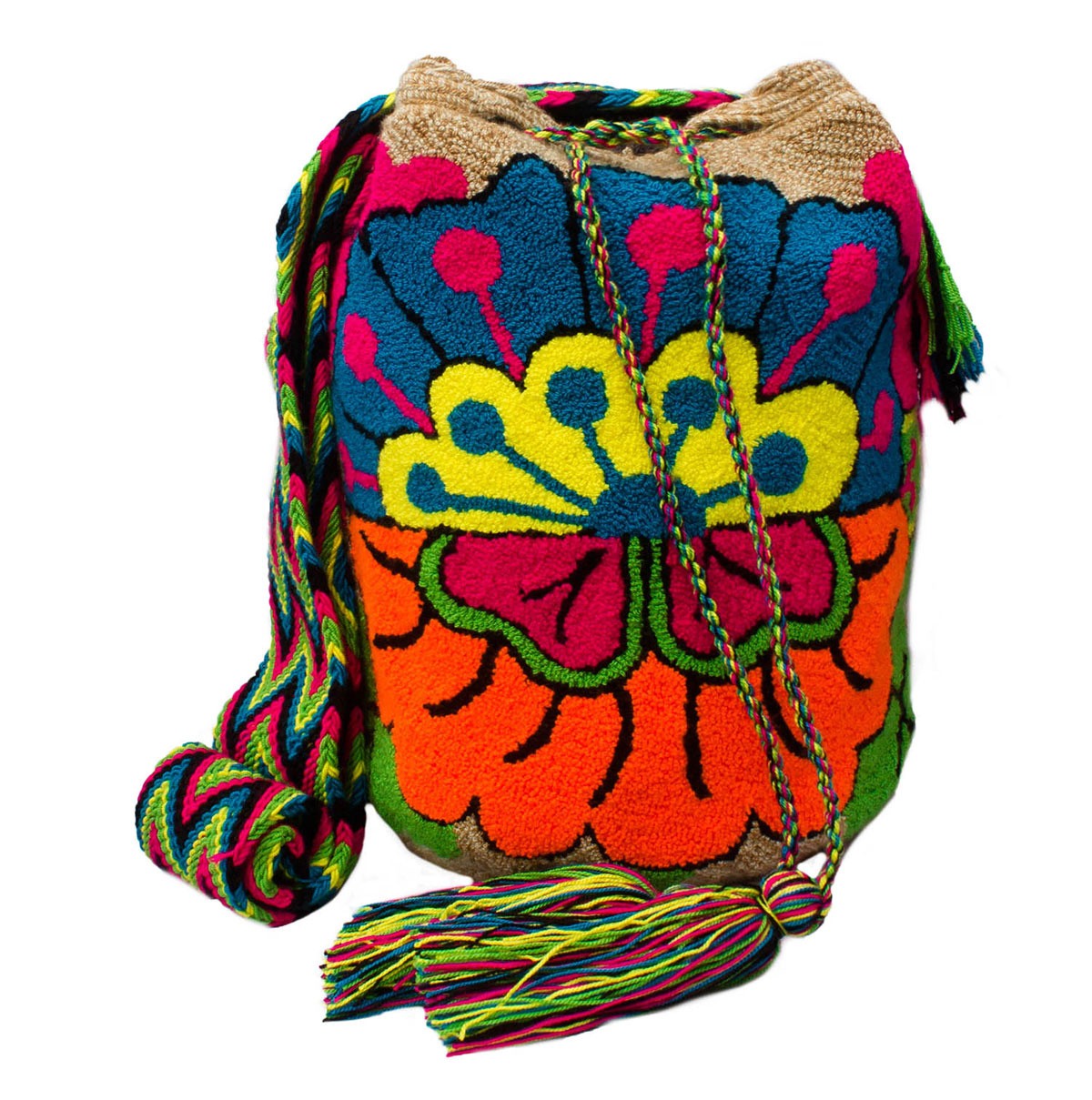 Mochilas Wayuu de La Guajira colombiana - Mochila Wayuu tapizada Flor Guajira