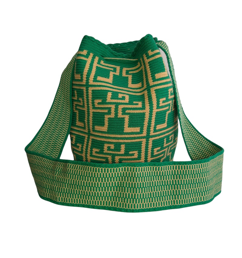 Colombian Wayuu Mochila Bags - Green Wayuu Mochila Bag with premium strap