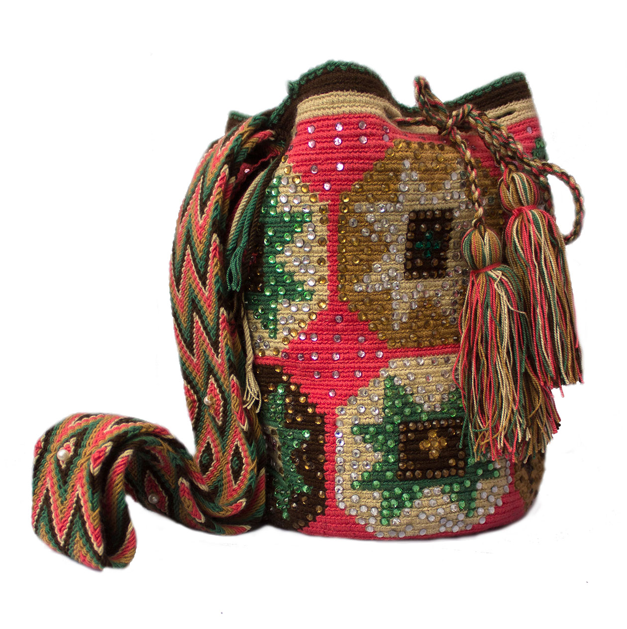 Mochilas Wayuu de La Guajira colombiana - Mochila Wayuu Rosa con cristales