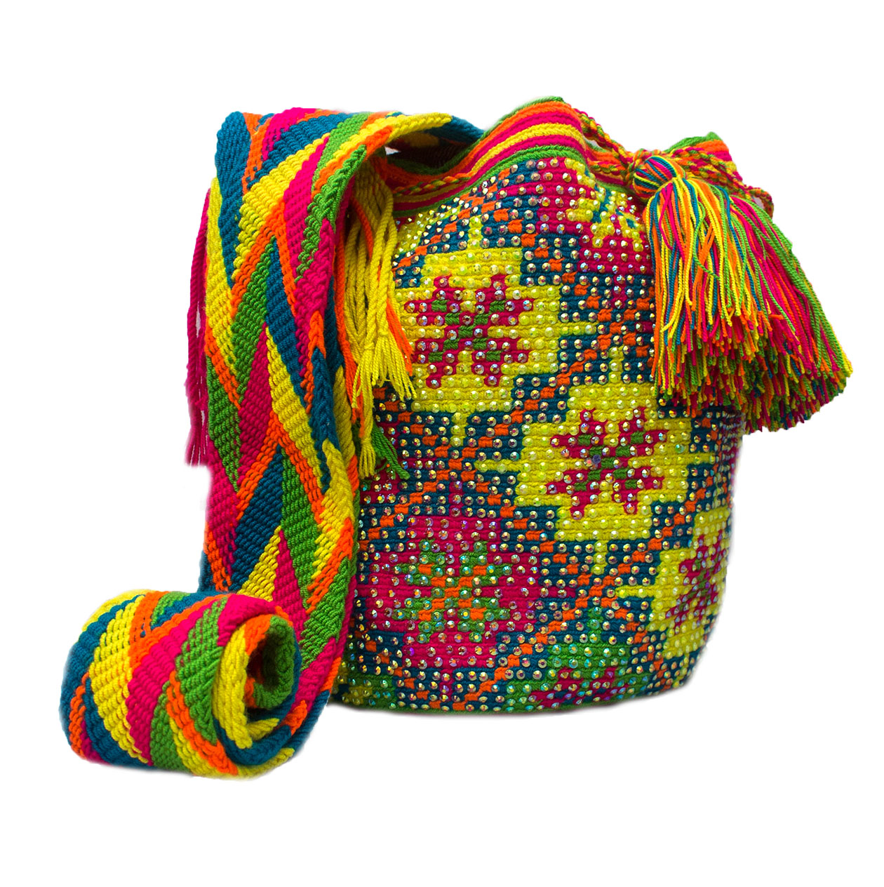 Colombian Wayuu Mochila Bags Online sale - Yellow Blue Wayuu Mochila Bag with crystals