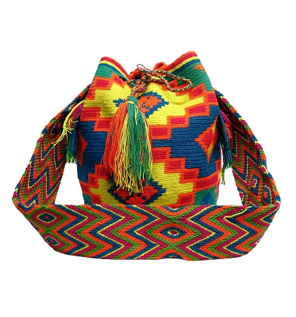 Mochilas Wayuu de La Guajira colombiana - Mochila Wayuu en amarillo, naranja, azul y verde