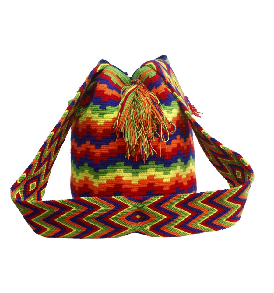 Colombian Wayuu Mochila Bags - Wayuu Mochila in bright blue, orange, green and red tones