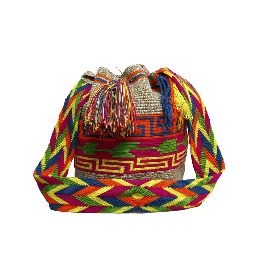 Colombian Wayuu Mochila Bags Online sale - Wayuu Mochila Bag bright colors and Beige