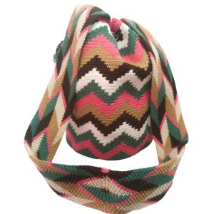 Mochila Wayuu colombiana rosado, beige, verde y negro 2 mochila bolso wayuu rosado verde negro cafe