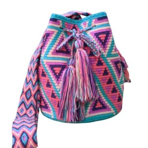 Mochila Wayuu dos hebras colores pastel, rosado, aguamarina 1 Mochila Wayuu colombiana