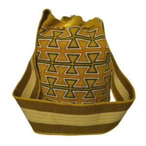 Mochila Wayuu Guajira un hilo colores Mostaza y Naranja 2 Mochila Wayuu colombiana calidad un hilo